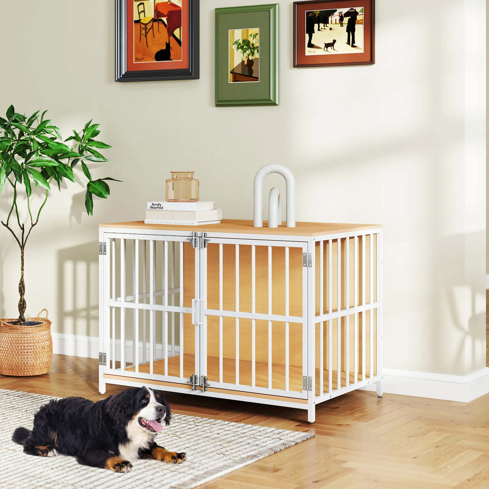 40 Inch Dog Crate Furniture With Dual Lockable Doors, Natural - Image 3