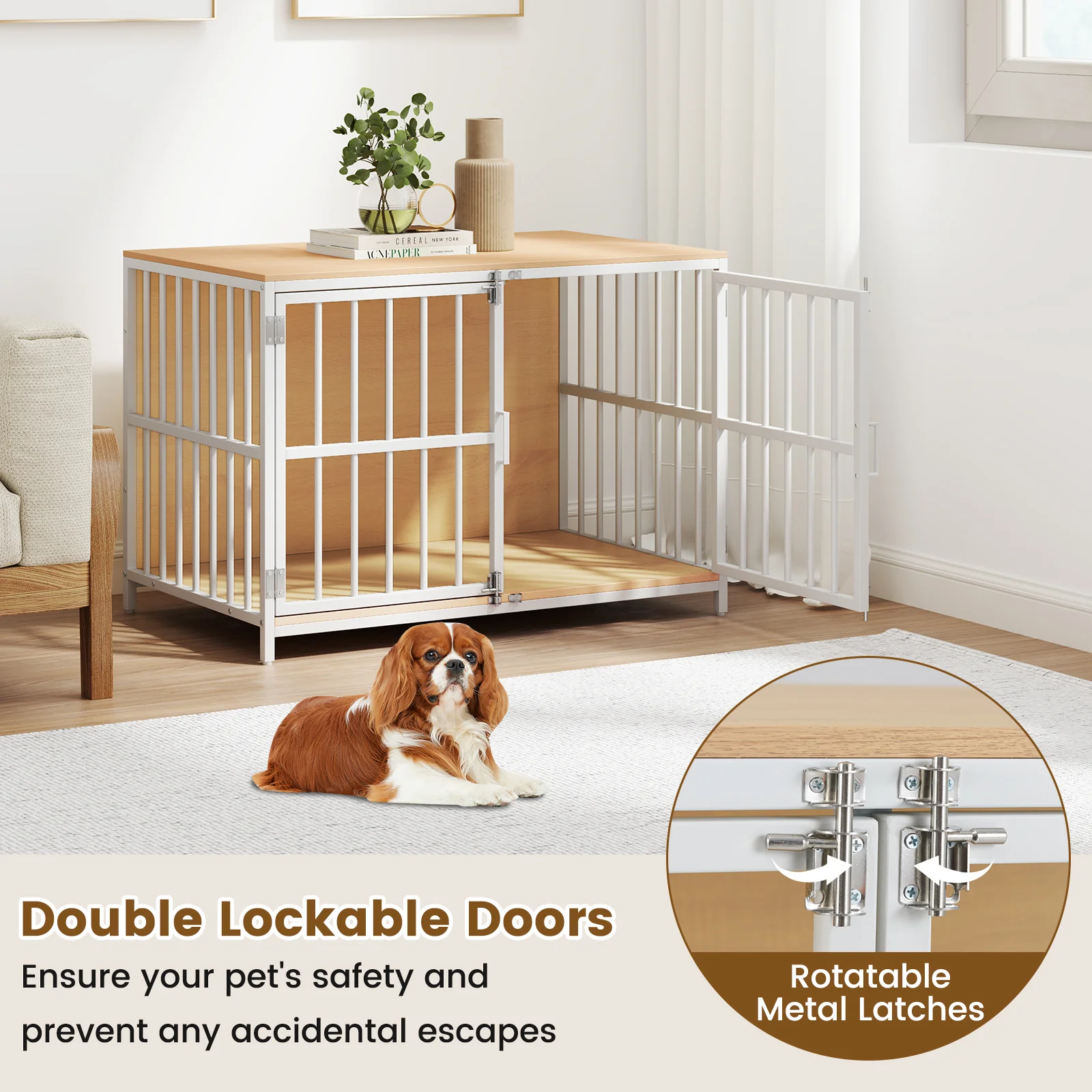 40 Inch Dog Crate Furniture With Dual Lockable Doors, Natural - Image 7