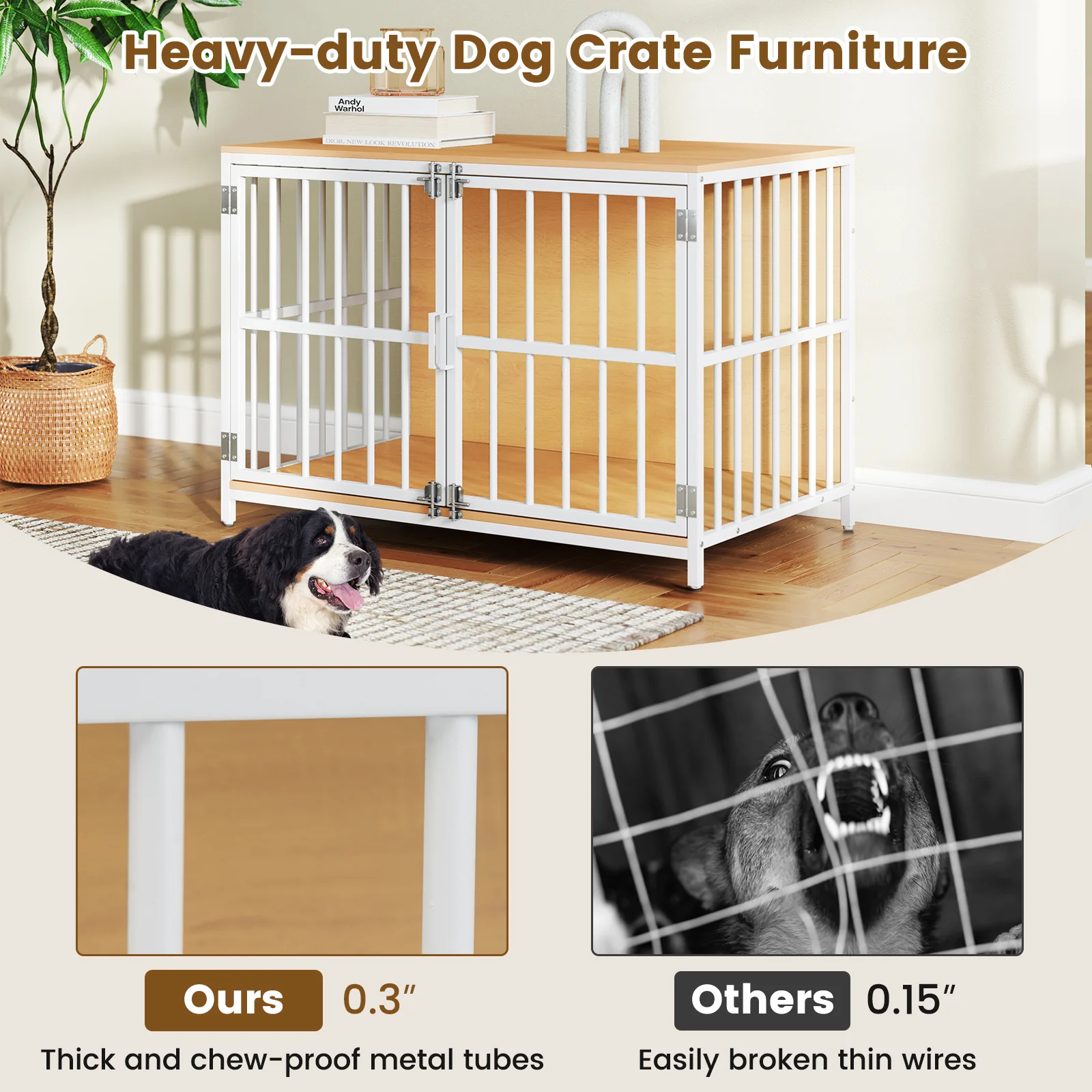 40 Inch Dog Crate Furniture With Dual Lockable Doors, Natural - Image 8