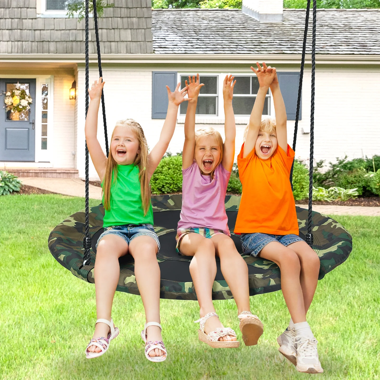 40 Inch Flying Saucer Tree Swing, Adjustable Ropes, Green - Image 8