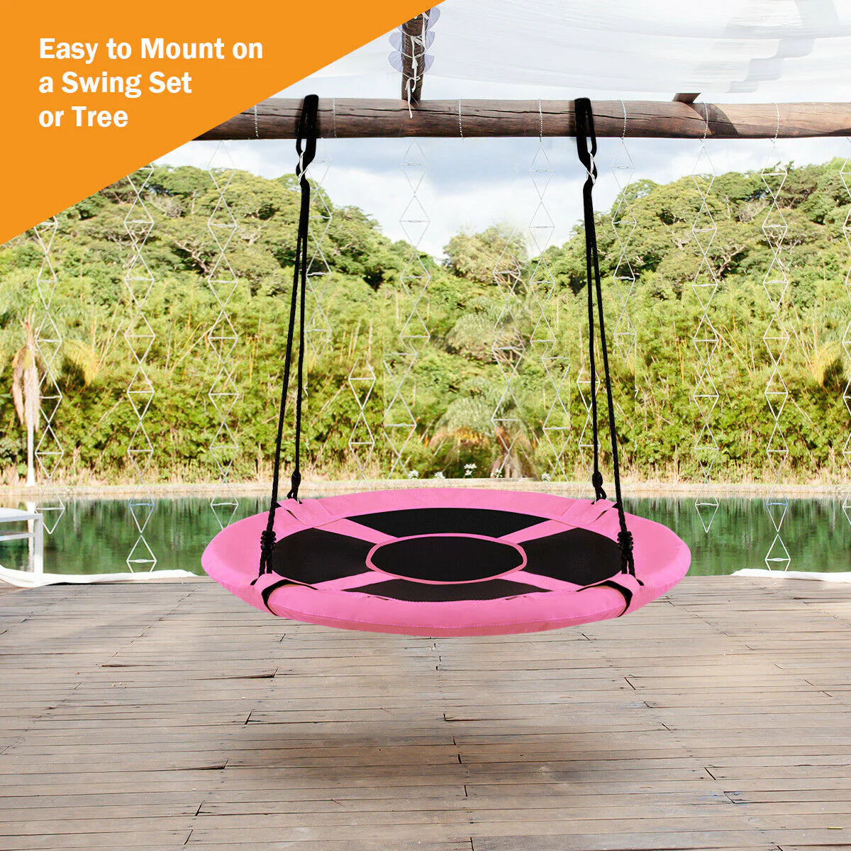 40 Inch Flying Saucer Tree Swing, Indoor Outdoor Play Set, Pink - Image 7