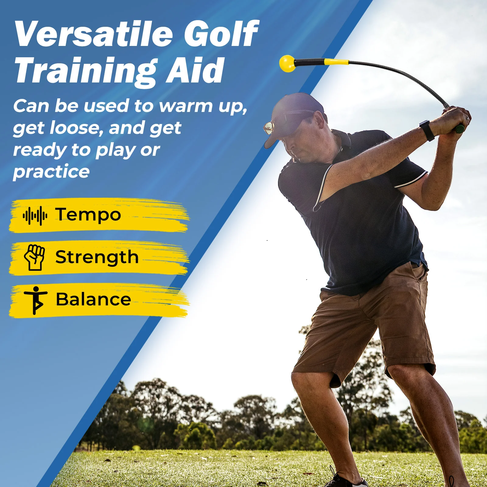 40 Inch Golf Swing Trainer Aid with Weighted Head for Grip Rhythm Balance, Yellow - Image 7
