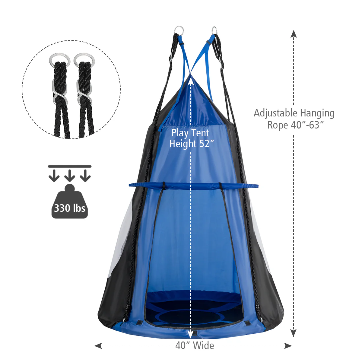 40 Inch Kids Hanging Chair, Detachable Swing Tent Set, Blue - Image 6
