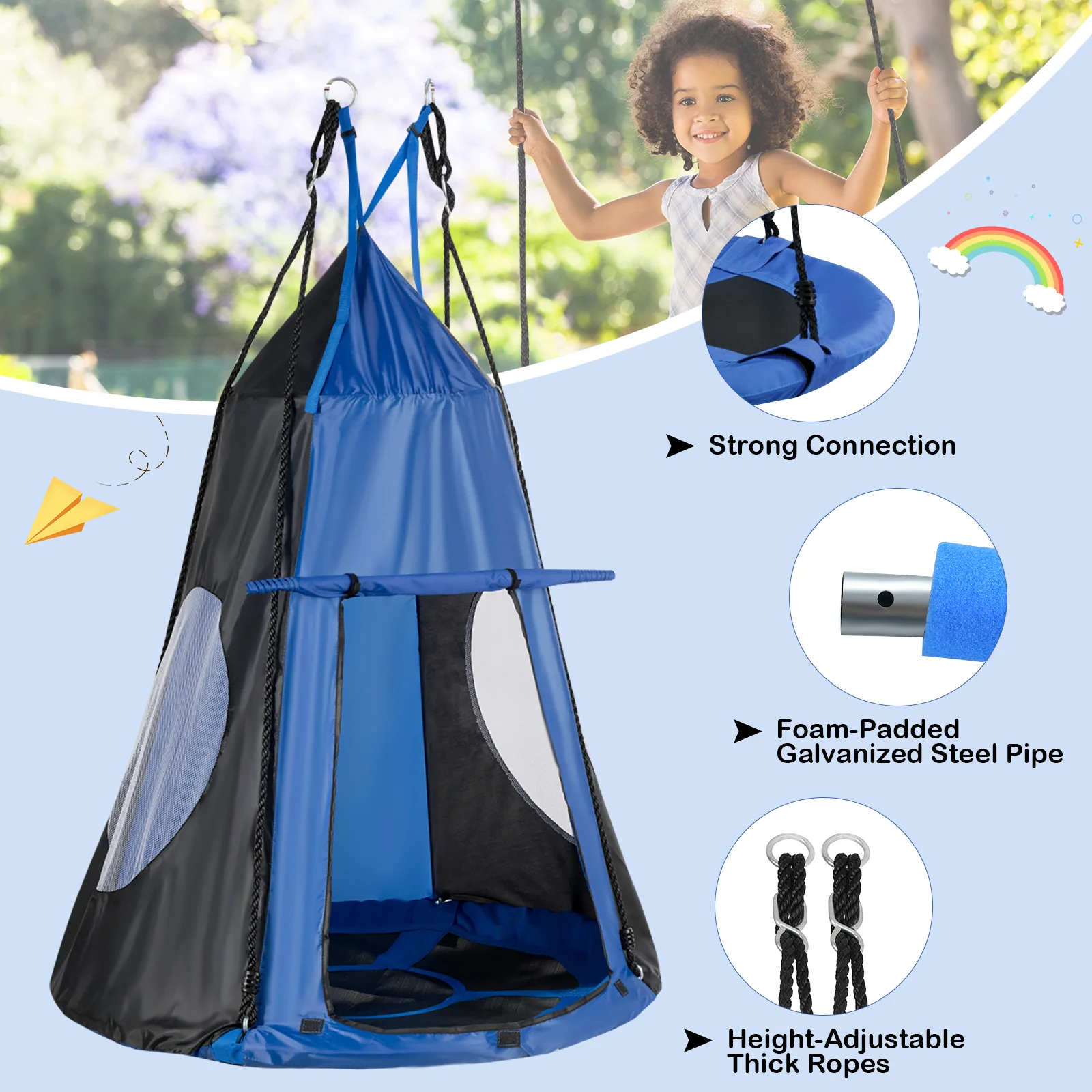40 Inch Kids Hanging Chair, Detachable Swing Tent Set, Blue - Image 8