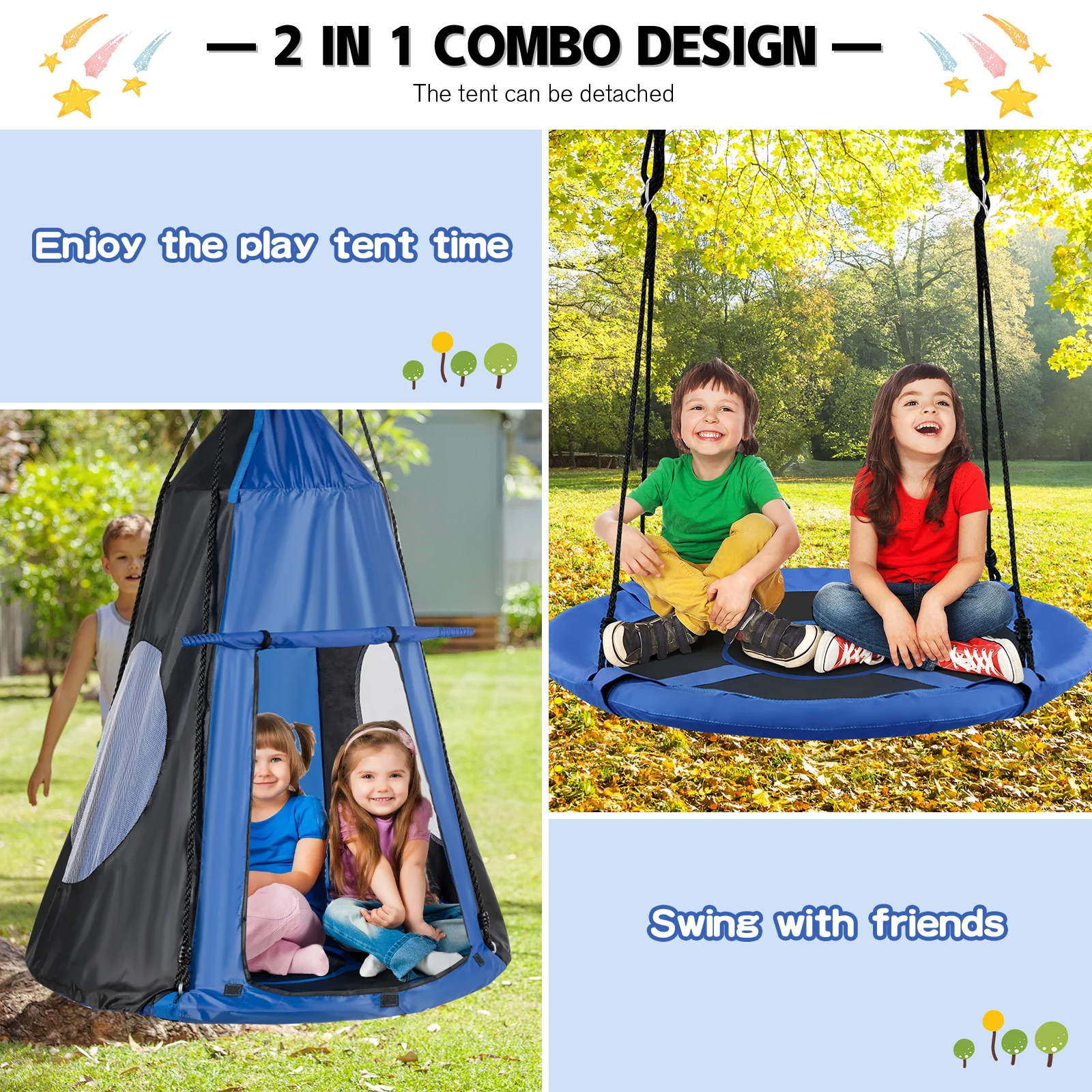 40 Inch Kids Hanging Chair, Detachable Swing Tent Set, Blue - Image 9