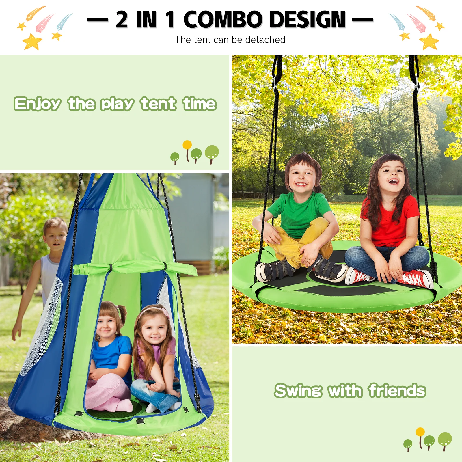 40 Inch Kids Hanging Chair, Detachable Swing Tent Set, Green - Image 10