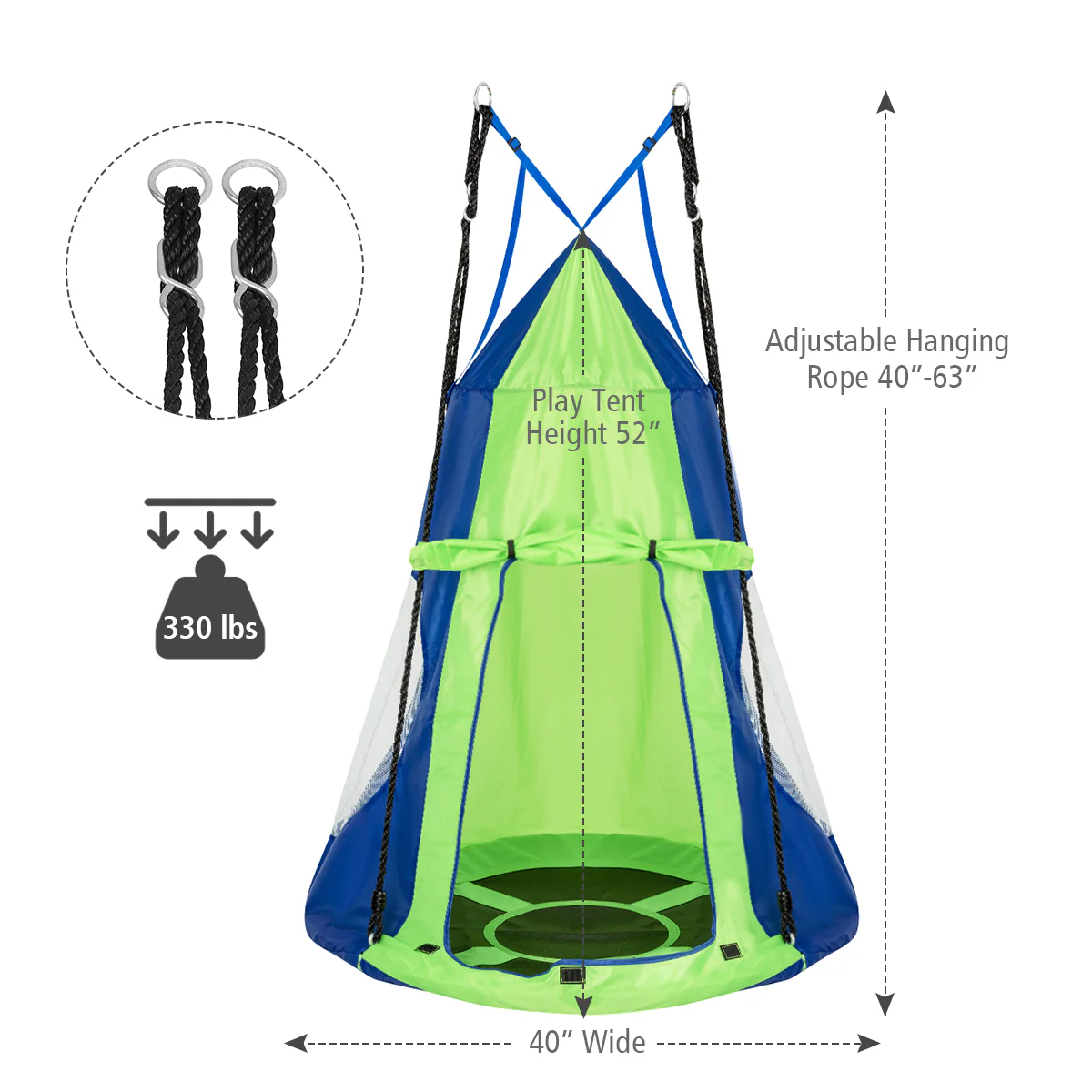 40 Inch Kids Hanging Chair, Detachable Swing Tent Set, Green - Image 6
