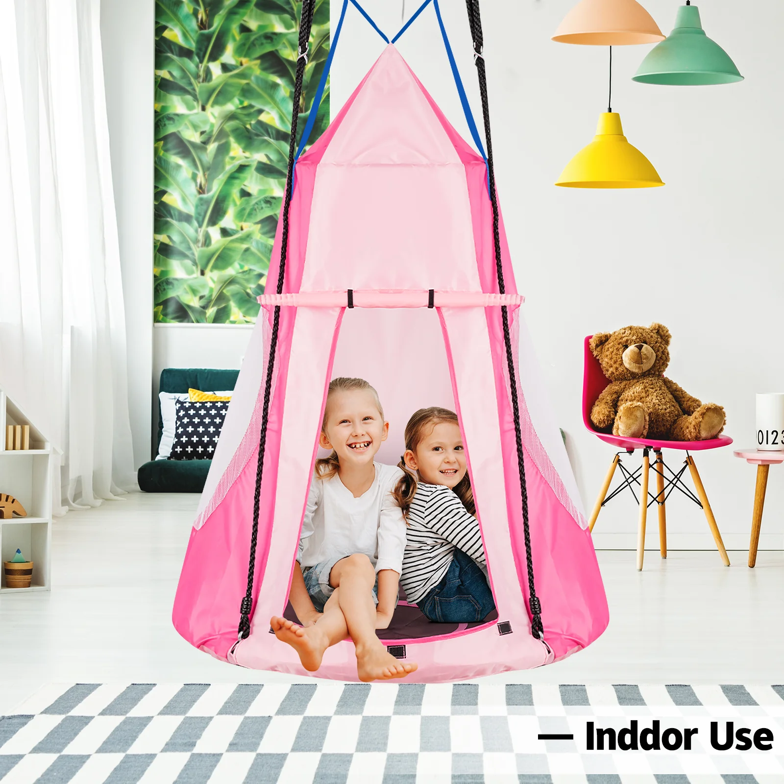 40 Inch Kids Hanging Chair, Detachable Swing Tent Set, Pink - Image 3