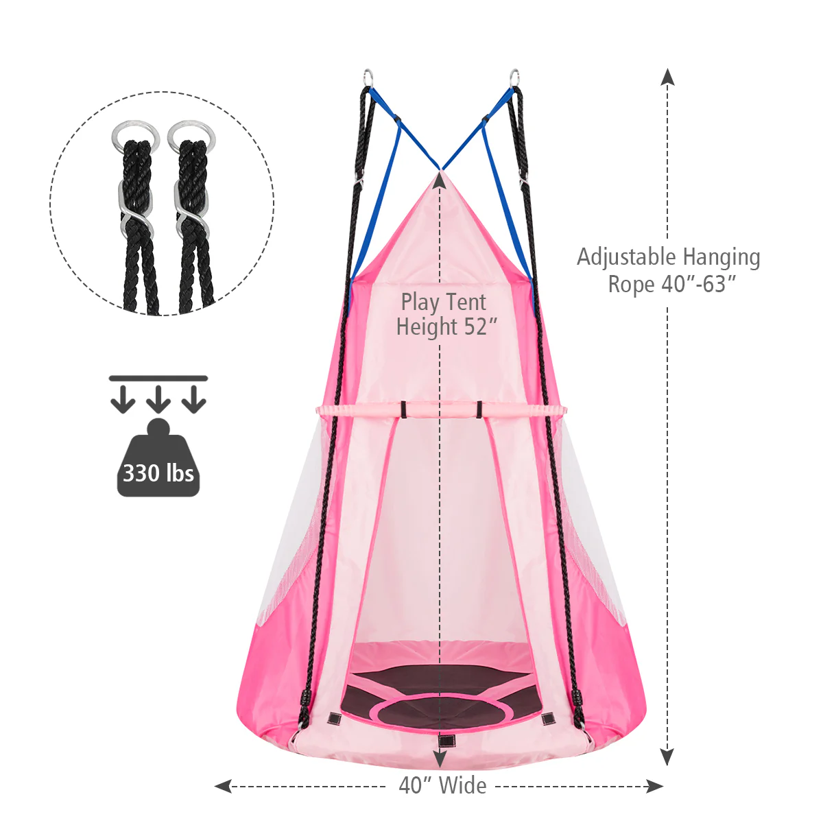 40 Inch Kids Hanging Chair, Detachable Swing Tent Set, Pink - Image 6
