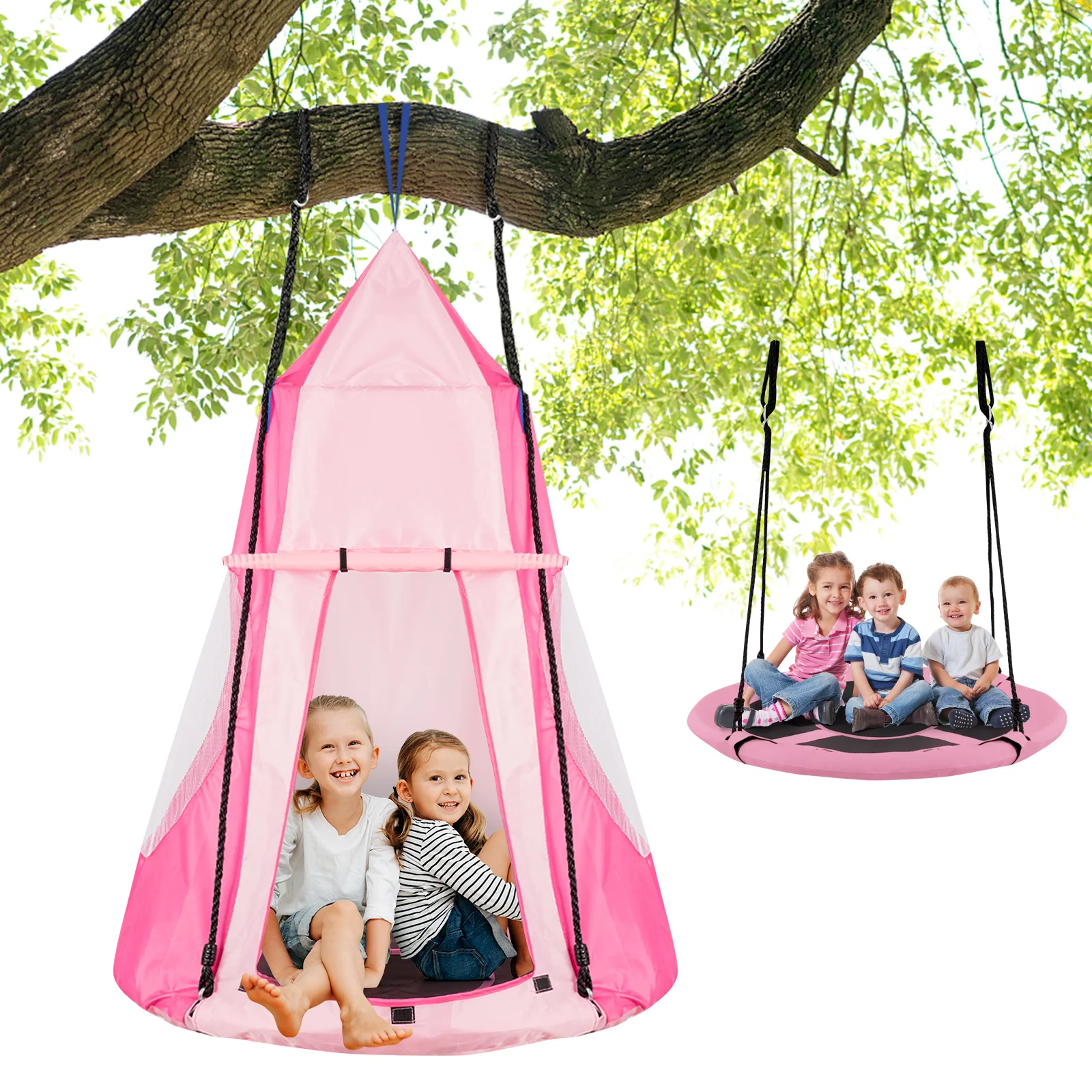 40 Inch Kids Hanging Chair, Detachable Swing Tent Set, Pink - Image 7