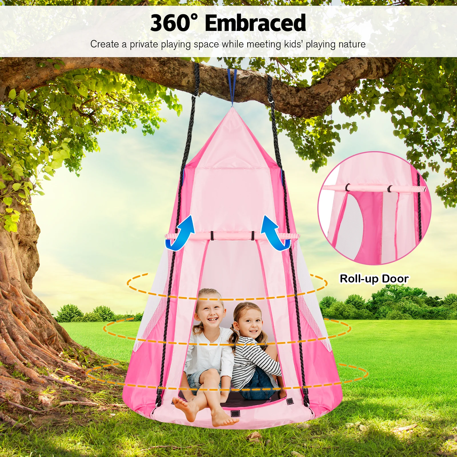 40 Inch Kids Hanging Chair, Detachable Swing Tent Set, Pink - Image 8