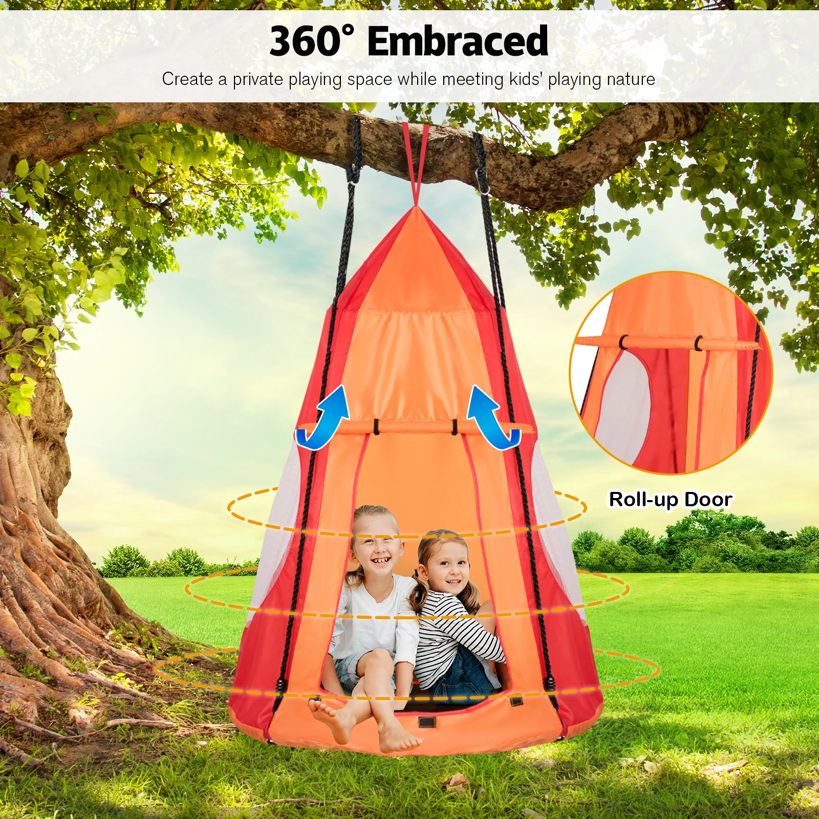 40 Inch Kids Hanging Chair Swing Tent Set, Orange - Image 3