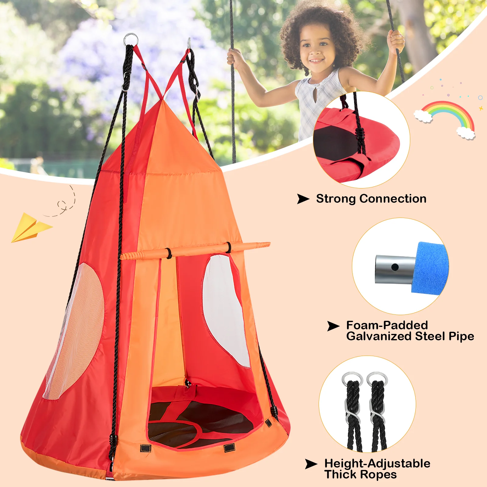 40 Inch Kids Hanging Chair Swing Tent Set, Orange - Image 5