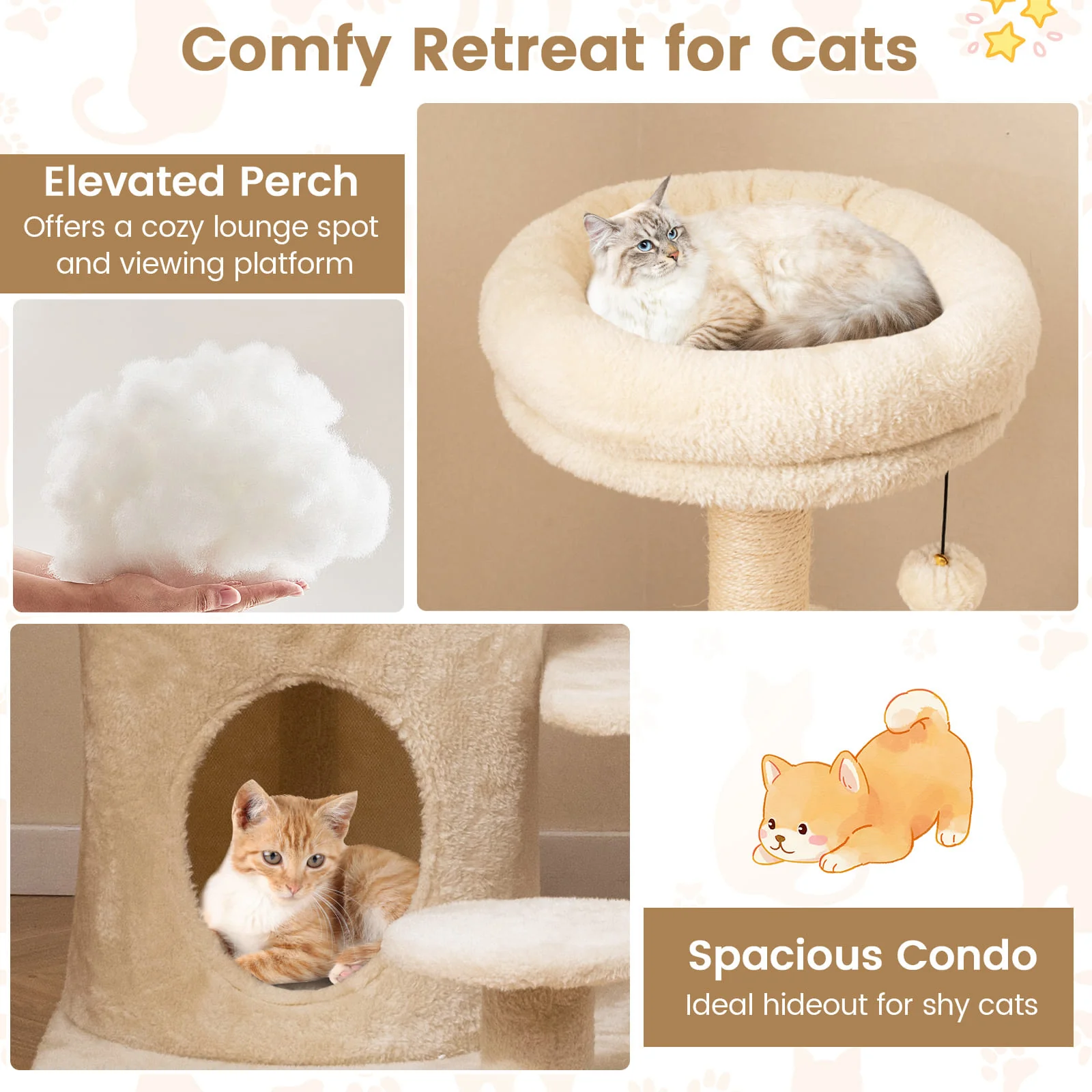 40 Inch Multi-level Cat Tower with Condo and Dangling Jingle Ball-BE, Beige - Image 10