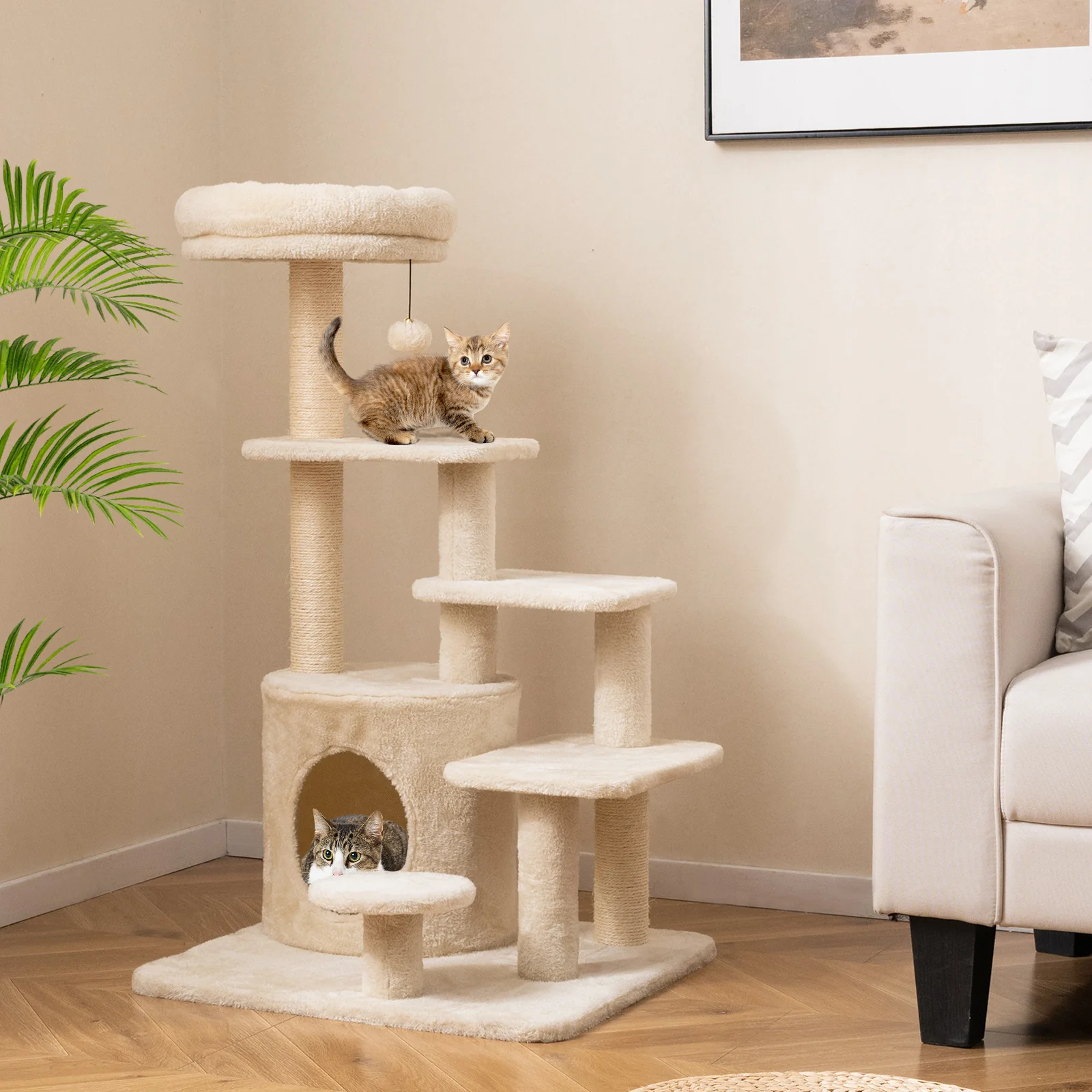40 Inch Multi-level Cat Tower with Condo and Dangling Jingle Ball-BE, Beige - Image 2