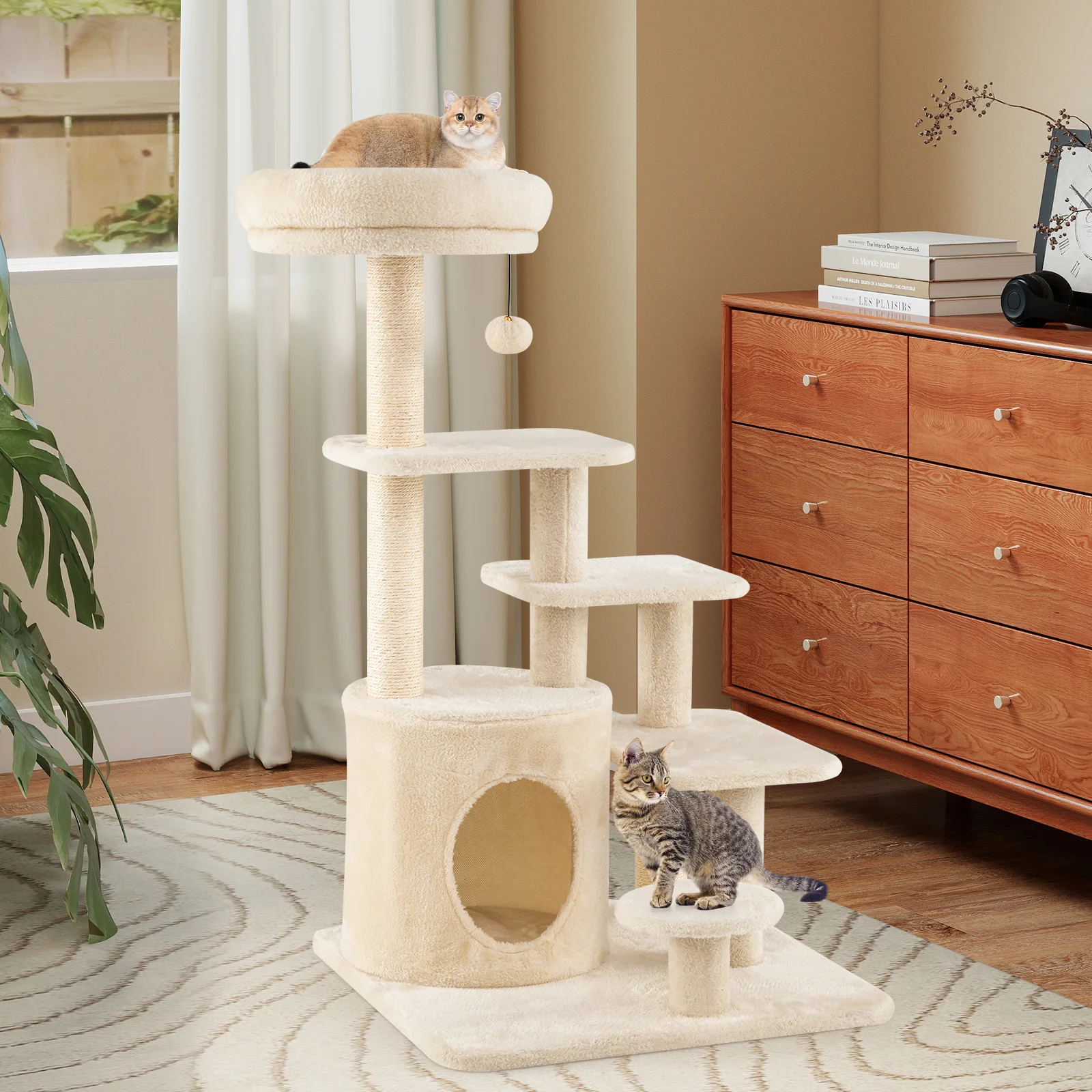 40 Inch Multi-level Cat Tower with Condo and Dangling Jingle Ball-BE, Beige - Image 3