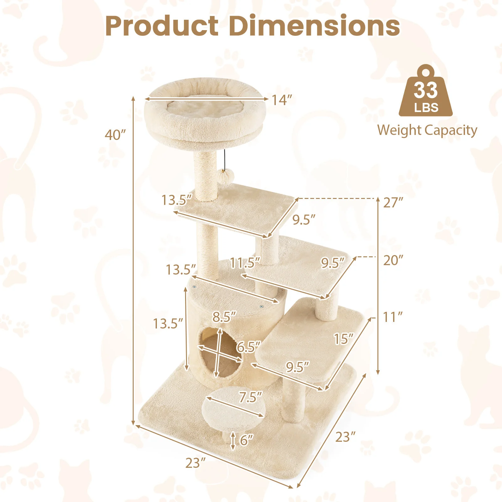 40 Inch Multi-level Cat Tower with Condo and Dangling Jingle Ball-BE, Beige - Image 6
