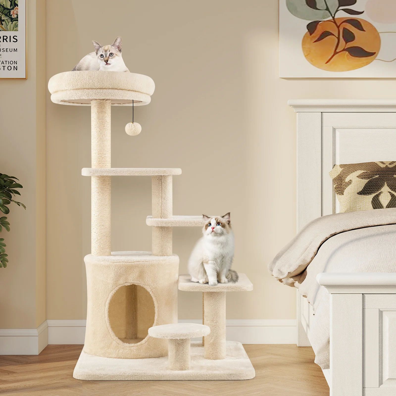 40 Inch Multi-level Cat Tower with Condo and Dangling Jingle Ball-BE, Beige - Image 7
