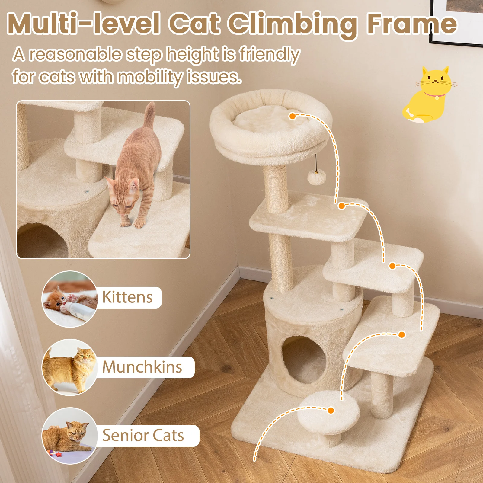 40 Inch Multi-level Cat Tower with Condo and Dangling Jingle Ball-BE, Beige - Image 8