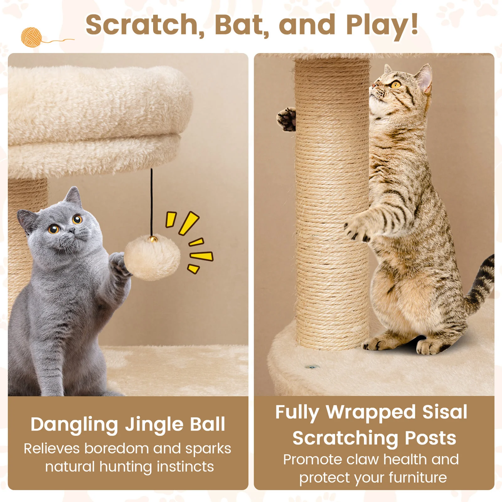 40 Inch Multi-level Cat Tower with Condo and Dangling Jingle Ball-BE, Beige - Image 9
