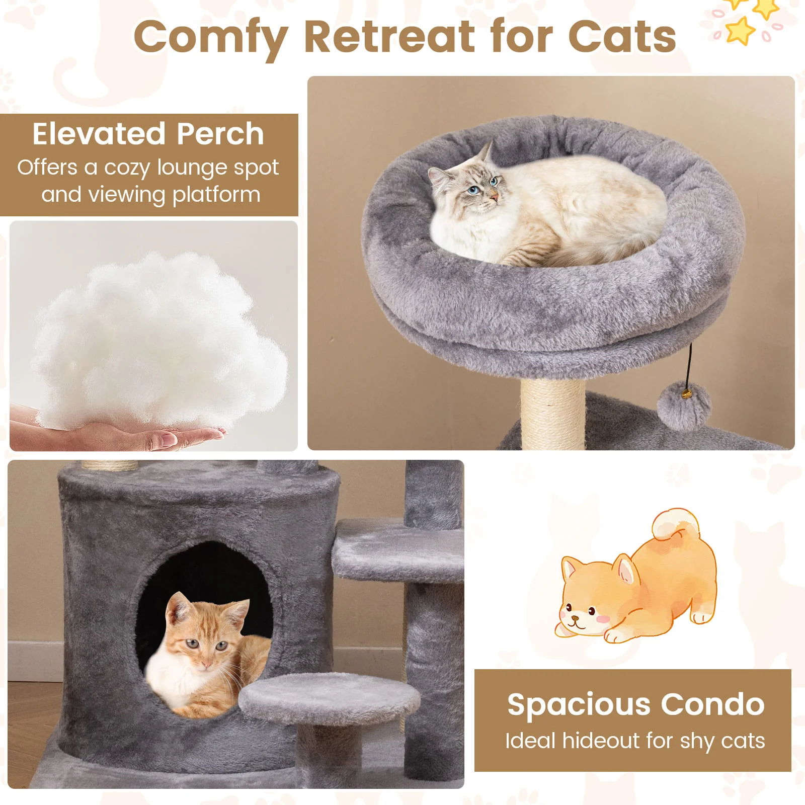 40 Inch Multi-level Cat Tower with Condo and Dangling Jingle Ball-GR, Gray - Image 10