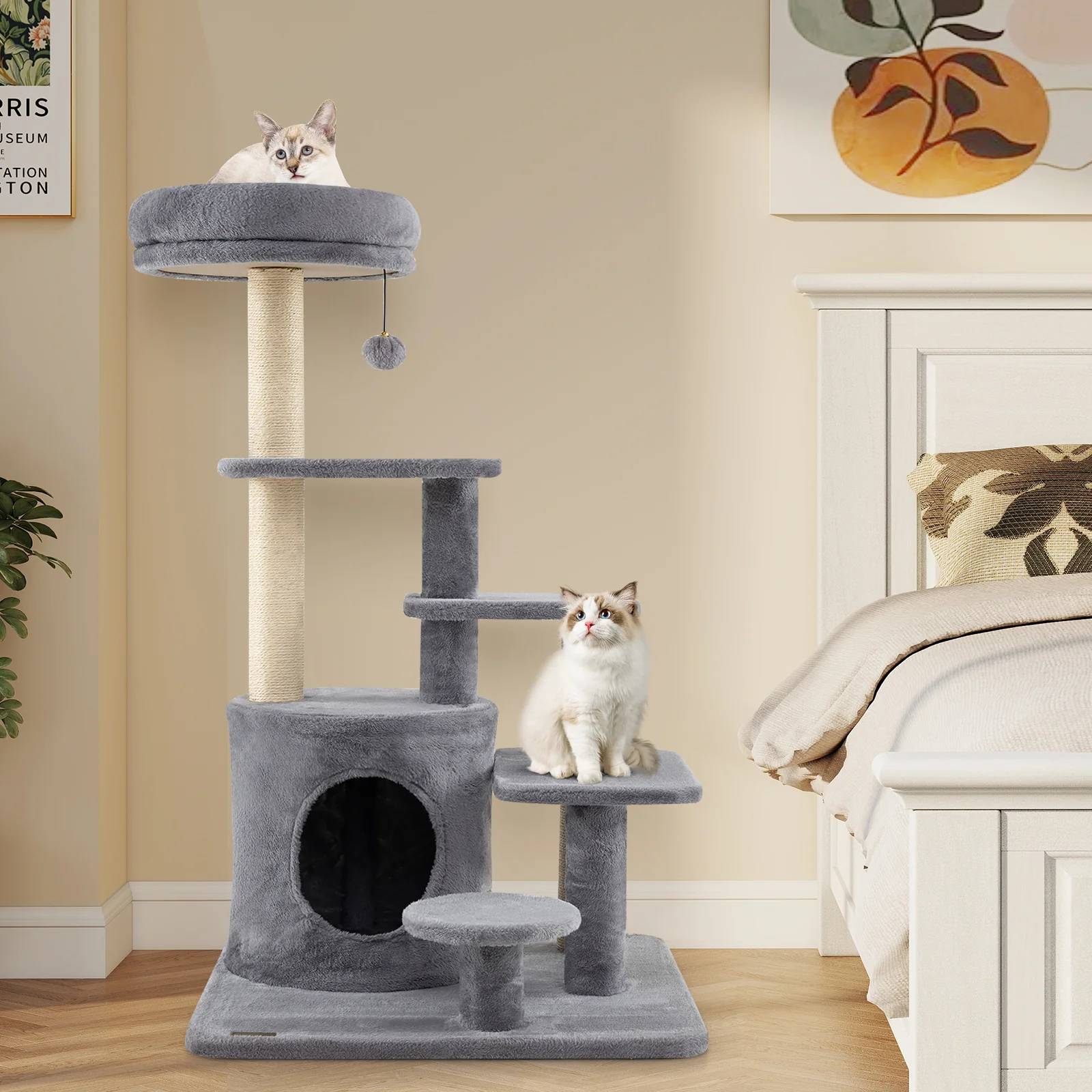 40 Inch Multi-level Cat Tower with Condo and Dangling Jingle Ball-GR, Gray - Image 2