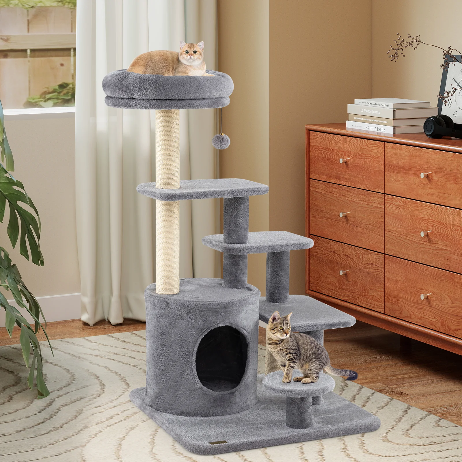 40 Inch Multi-level Cat Tower with Condo and Dangling Jingle Ball-GR, Gray - Image 3