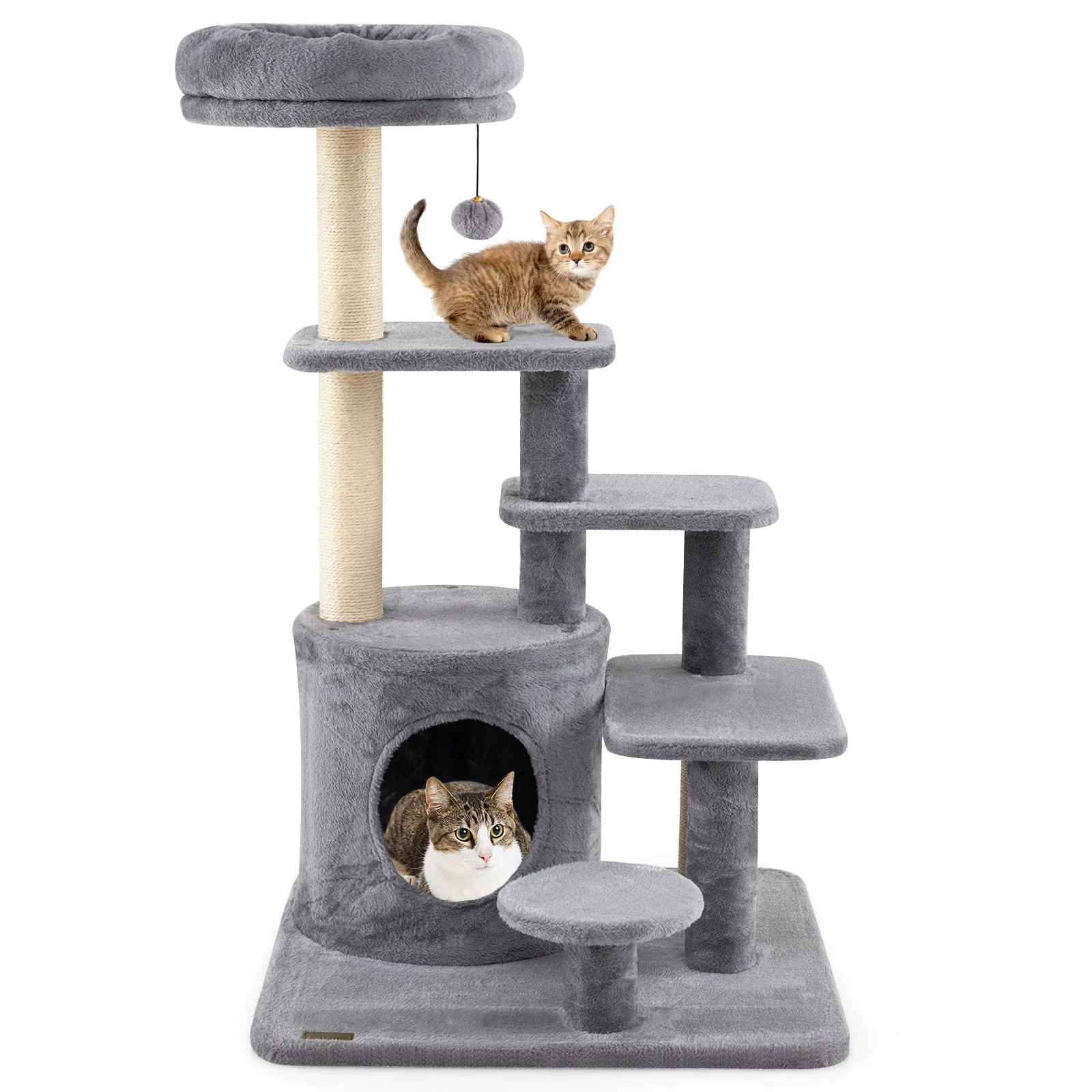 40 Inch Multi-level Cat Tower with Condo and Dangling Jingle Ball-GR, Gray - Image 4