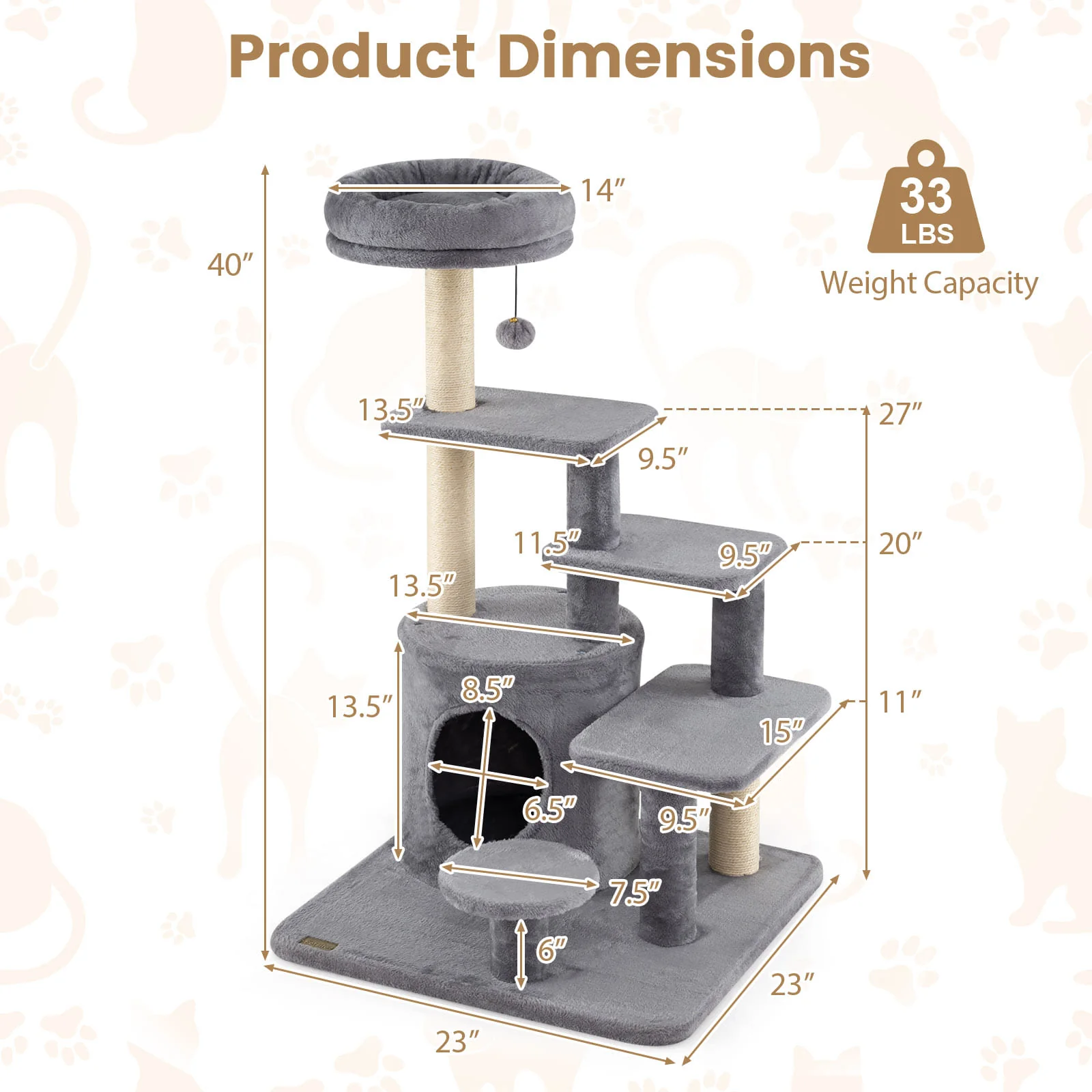 40 Inch Multi-level Cat Tower with Condo and Dangling Jingle Ball-GR, Gray - Image 5