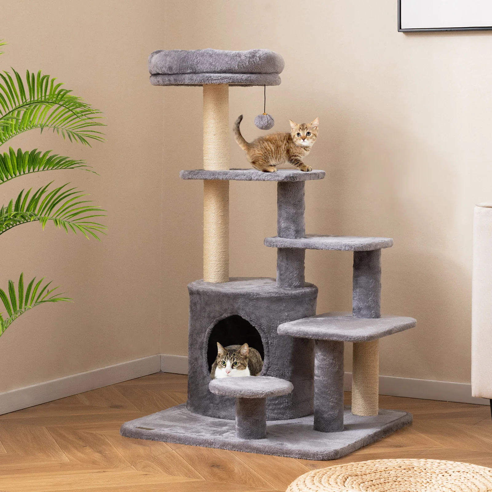40 Inch Multi-level Cat Tower with Condo and Dangling Jingle Ball-GR, Gray - Image 6