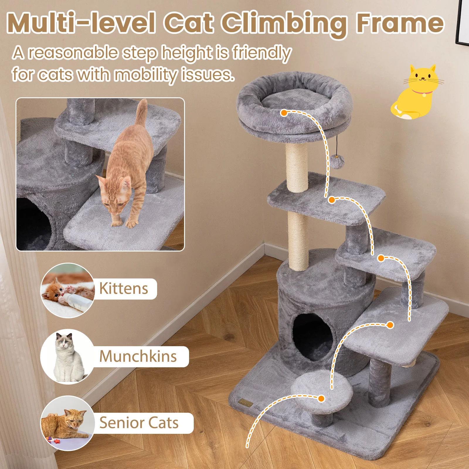 40 Inch Multi-level Cat Tower with Condo and Dangling Jingle Ball-GR, Gray - Image 7