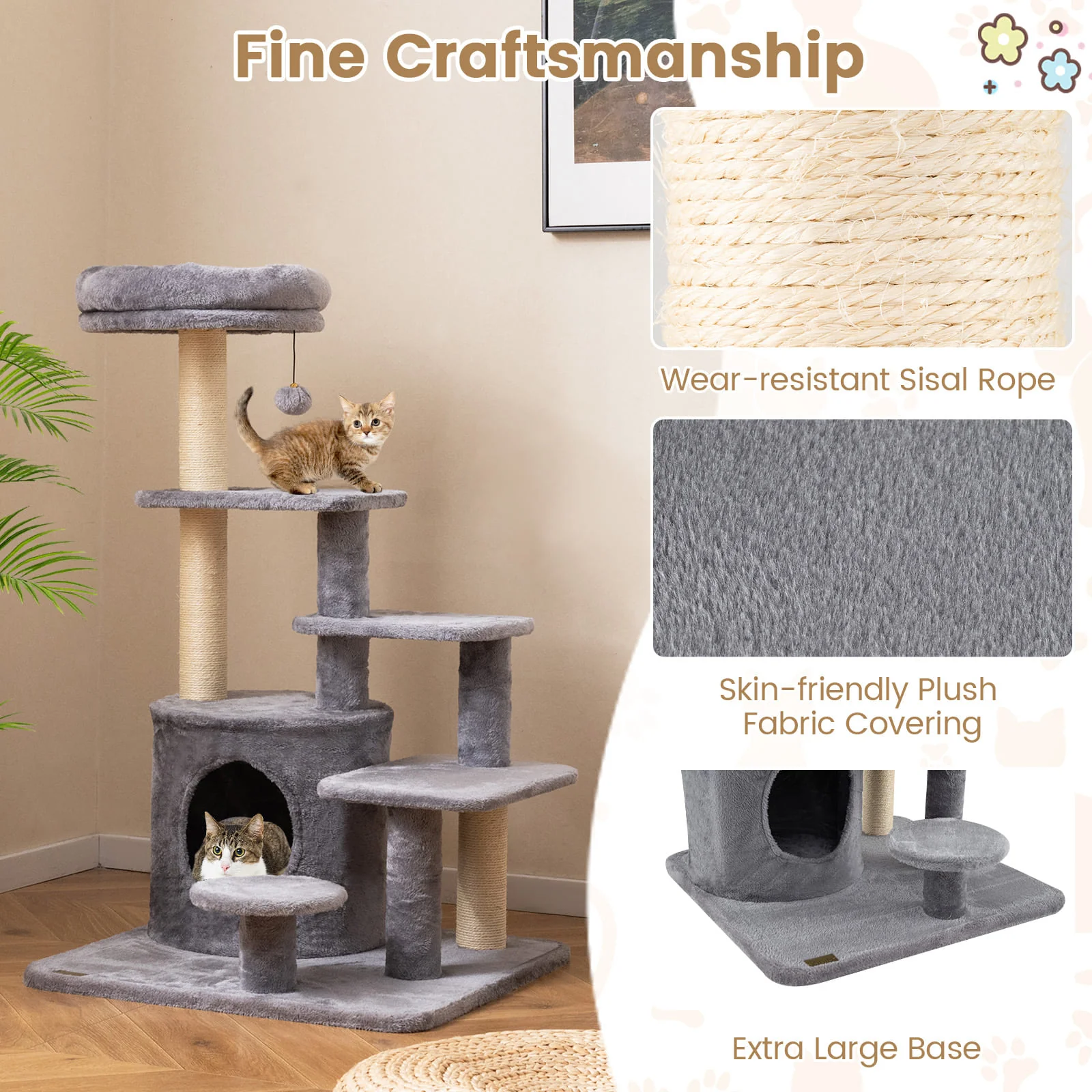 40 Inch Multi-level Cat Tower with Condo and Dangling Jingle Ball-GR, Gray - Image 8