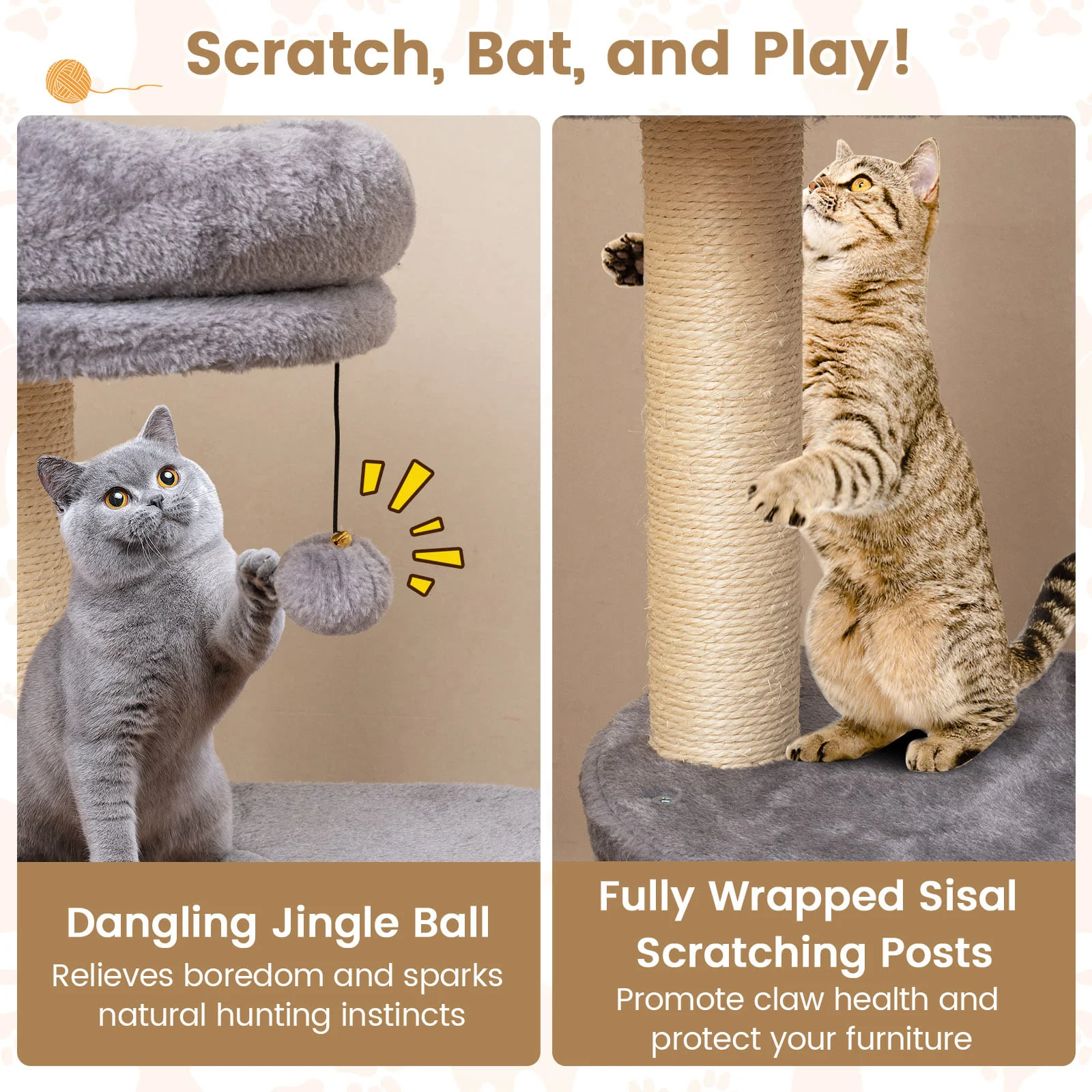 40 Inch Multi-level Cat Tower with Condo and Dangling Jingle Ball-GR, Gray - Image 9