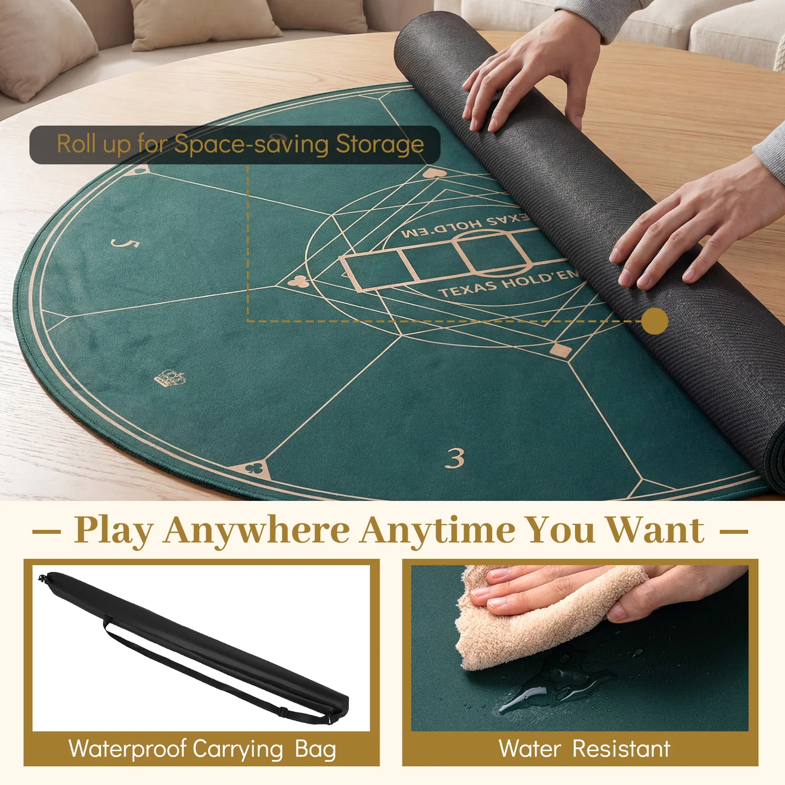 40 Inch Round Poker Mat, Portable Foldable Anti-Slip, Green - Image 9