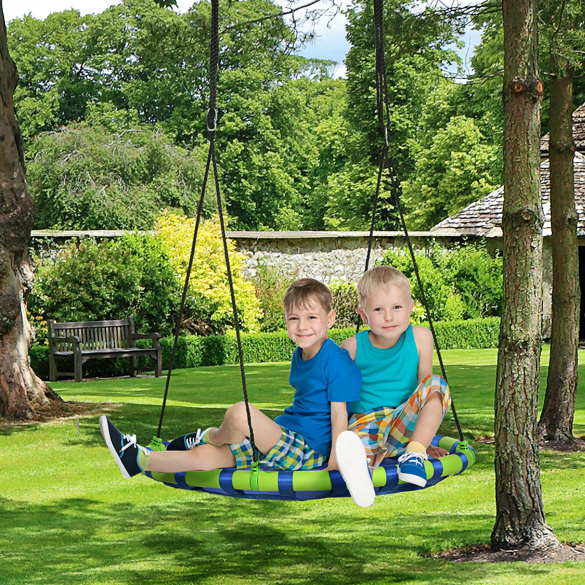 40 Inch Saucer Tree Swing, Adjustable Ropes, Steel Frame, 330lbs Capacity, Blue - Image 8