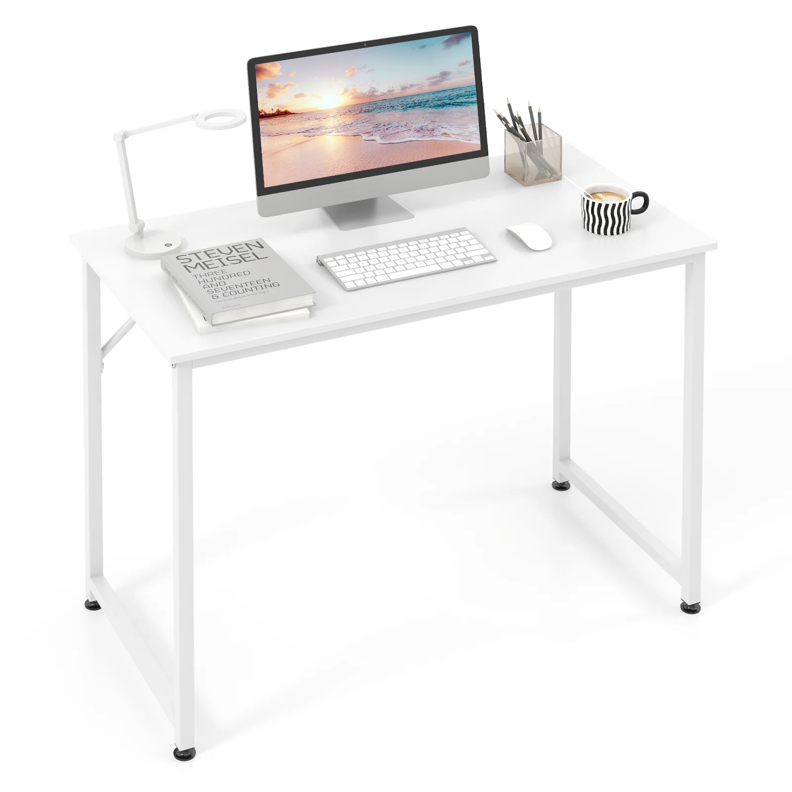 40 Inch Small Computer Desk, Heavy-Duty Metal Frame, White