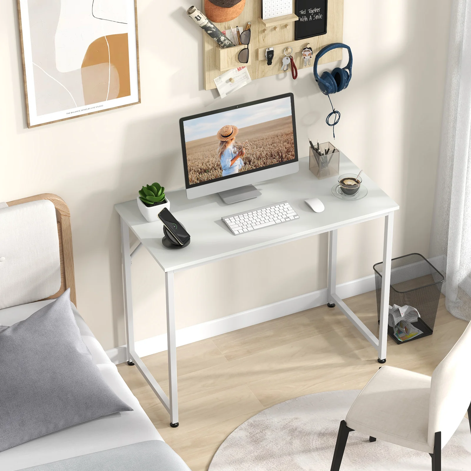 40 Inch Small Computer Desk, Heavy-Duty Metal Frame, White - Image 2