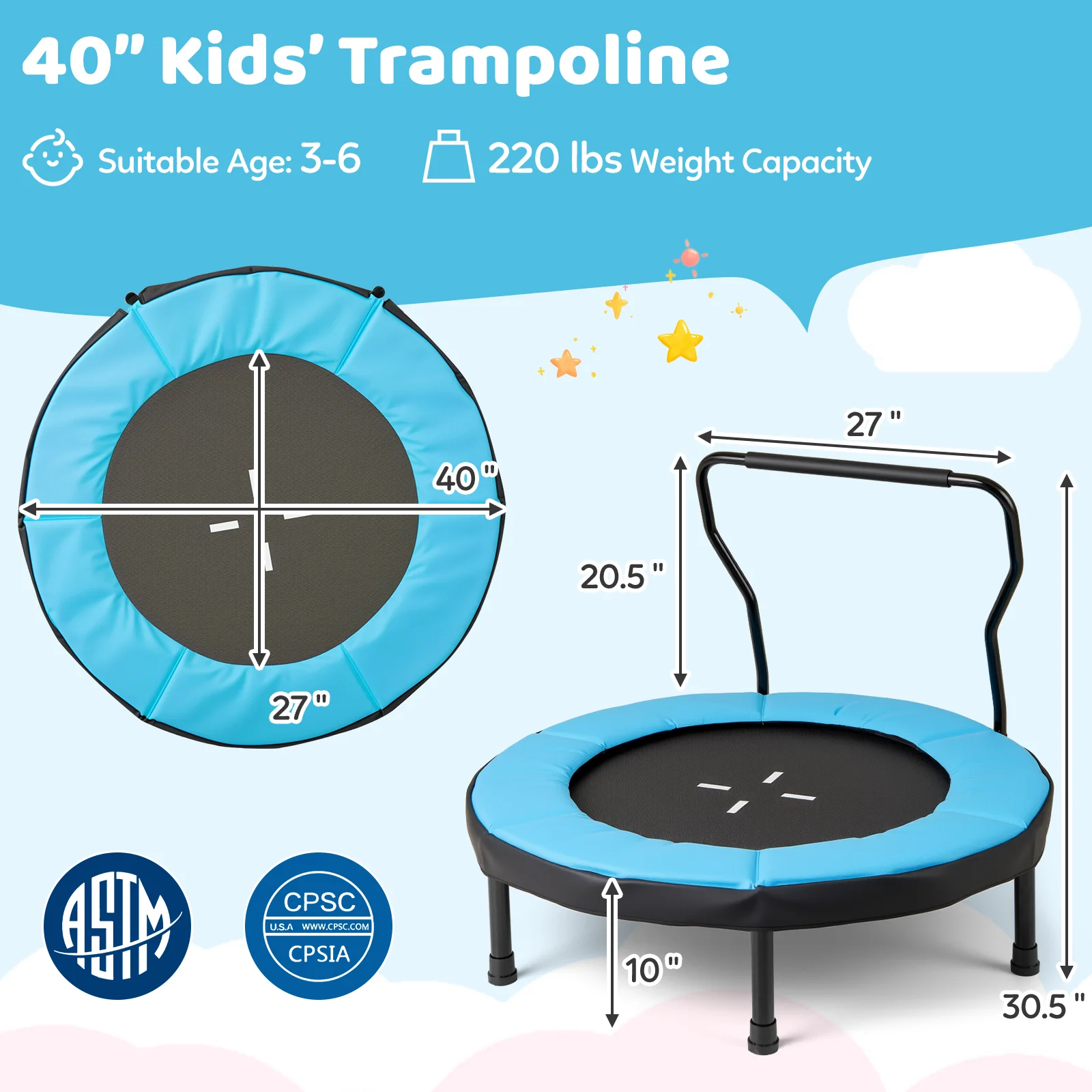 40 Inch Trampoline For Kids, Indoor Outdoor Fitness, Blue - Image 5