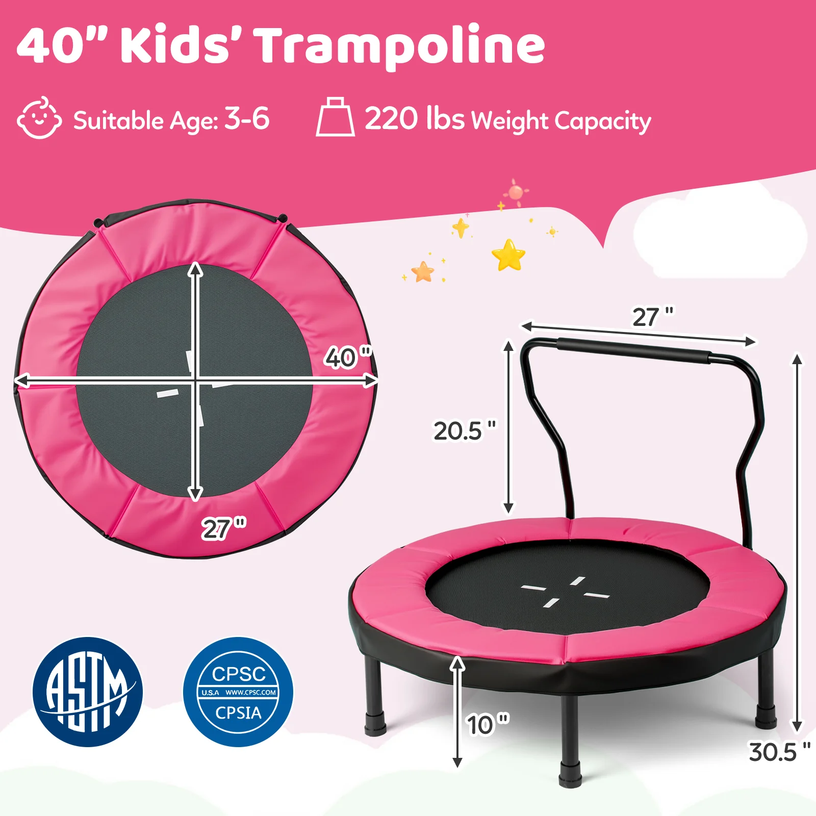 40 Inch Trampoline For Kids, Indoor Outdoor Fitness, Pink - Image 5