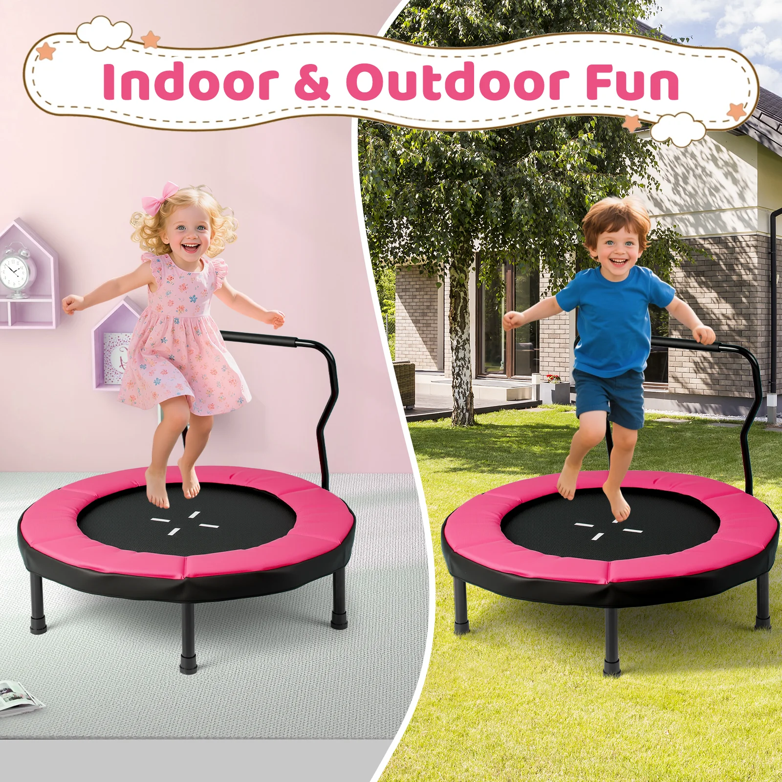40 Inch Trampoline For Kids, Indoor Outdoor Fitness, Pink - Image 6