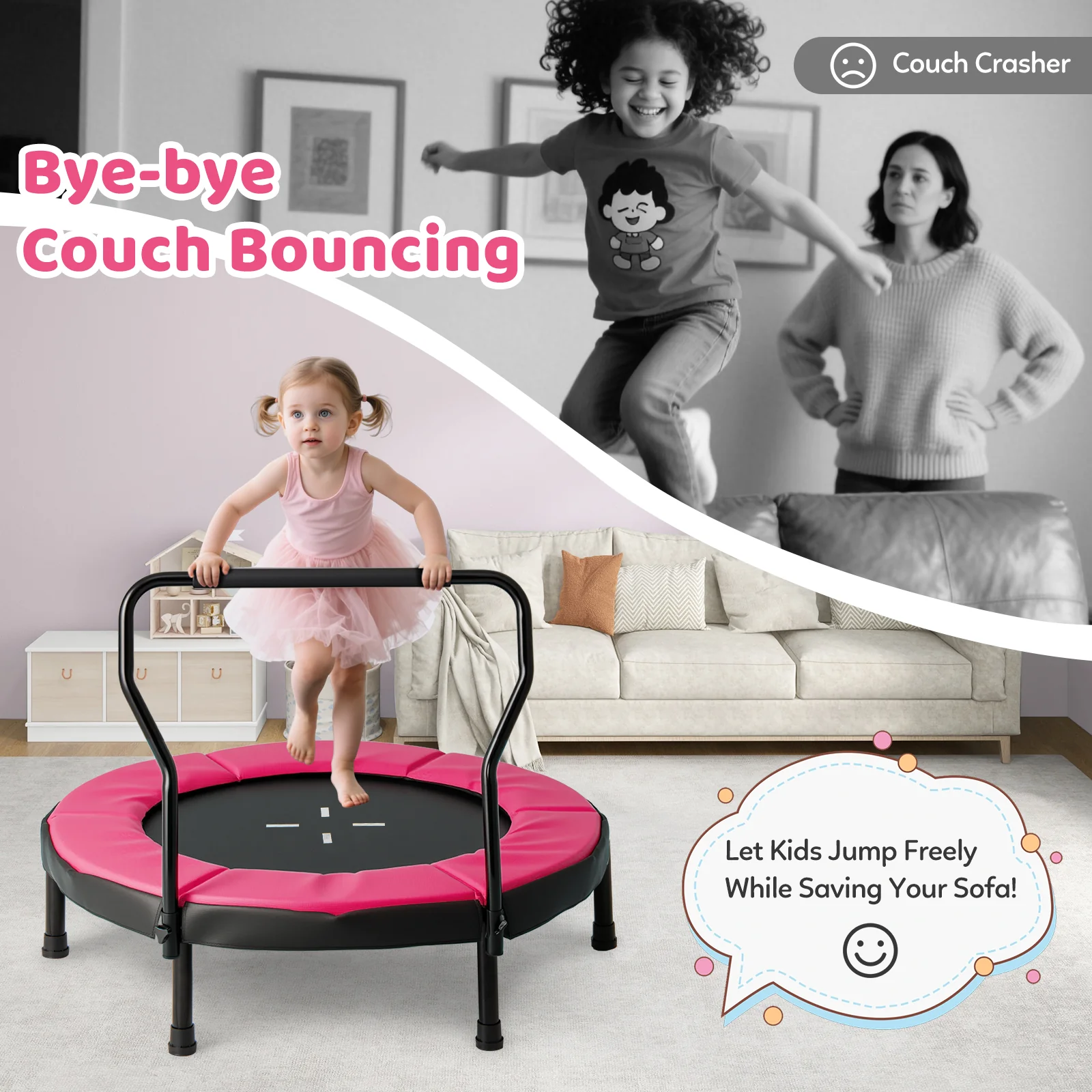 40 Inch Trampoline For Kids, Indoor Outdoor Fitness, Pink - Image 7