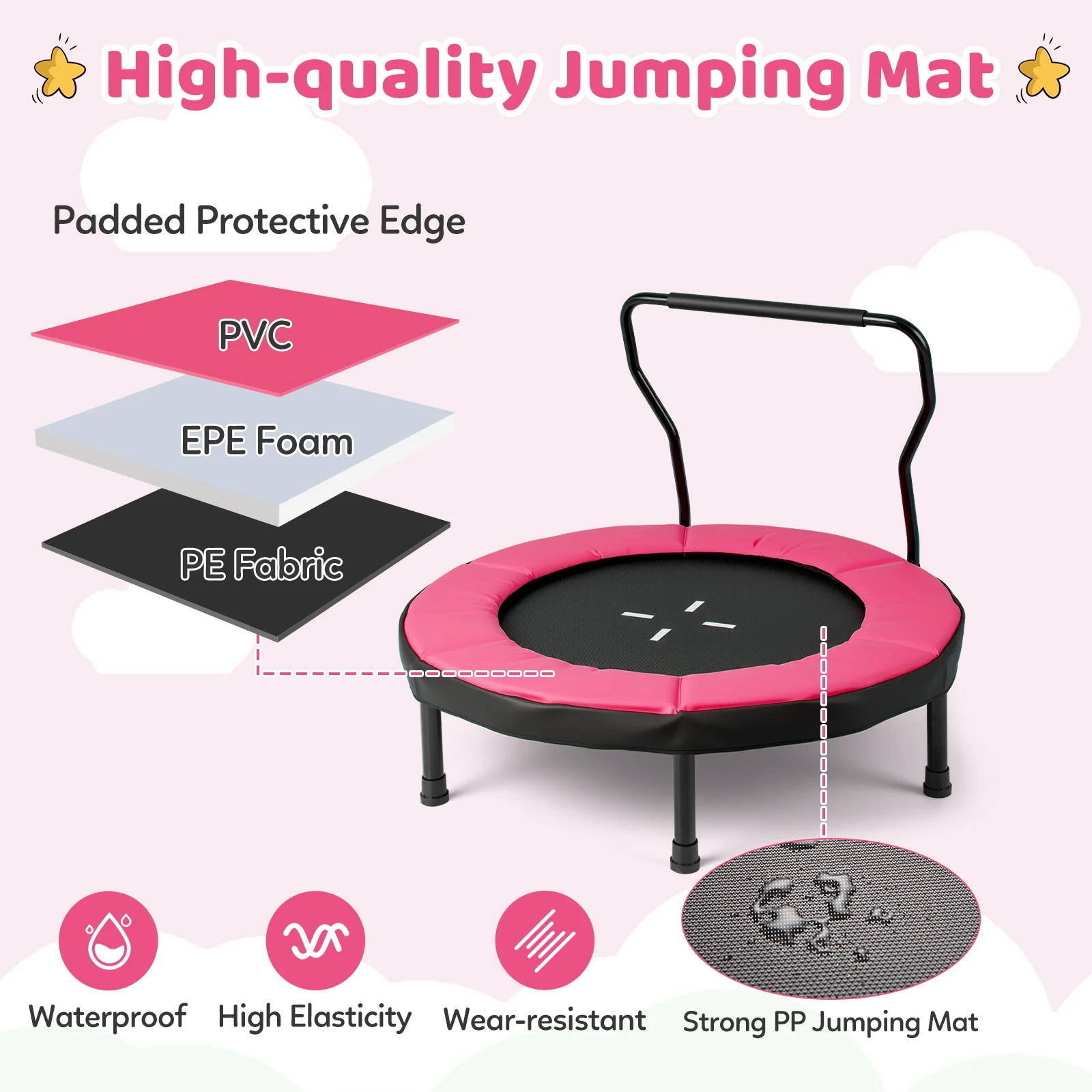40 Inch Trampoline For Kids, Indoor Outdoor Fitness, Pink - Image 8