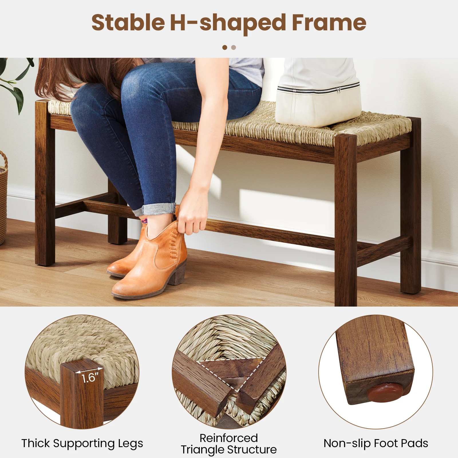 40 Inch Wood Bench, Solid Rubber Wood Frame, Walnut - Image 10