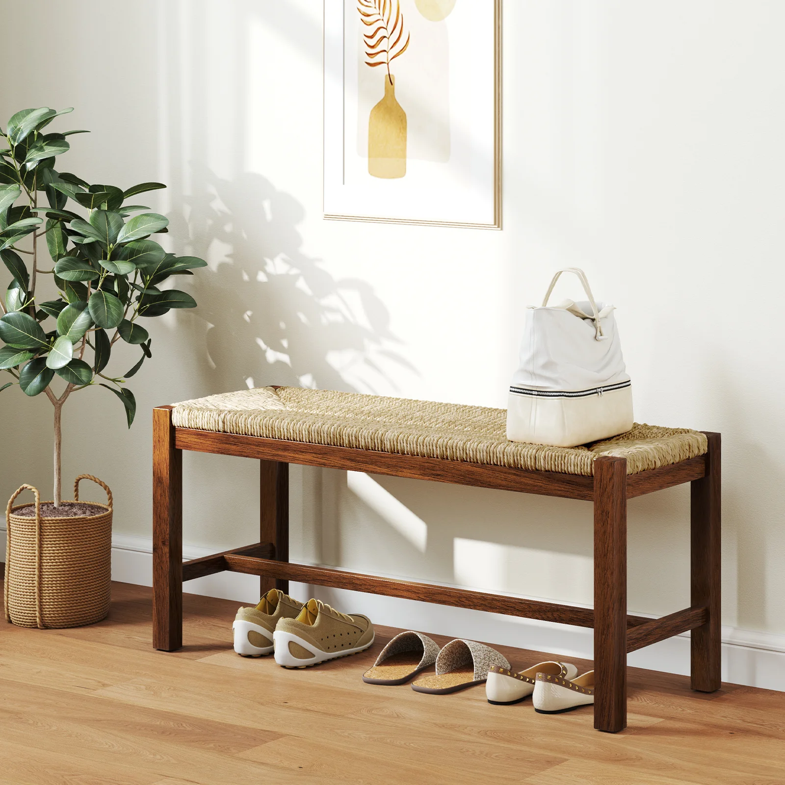 40 Inch Wood Bench, Solid Rubber Wood Frame, Walnut - Image 2