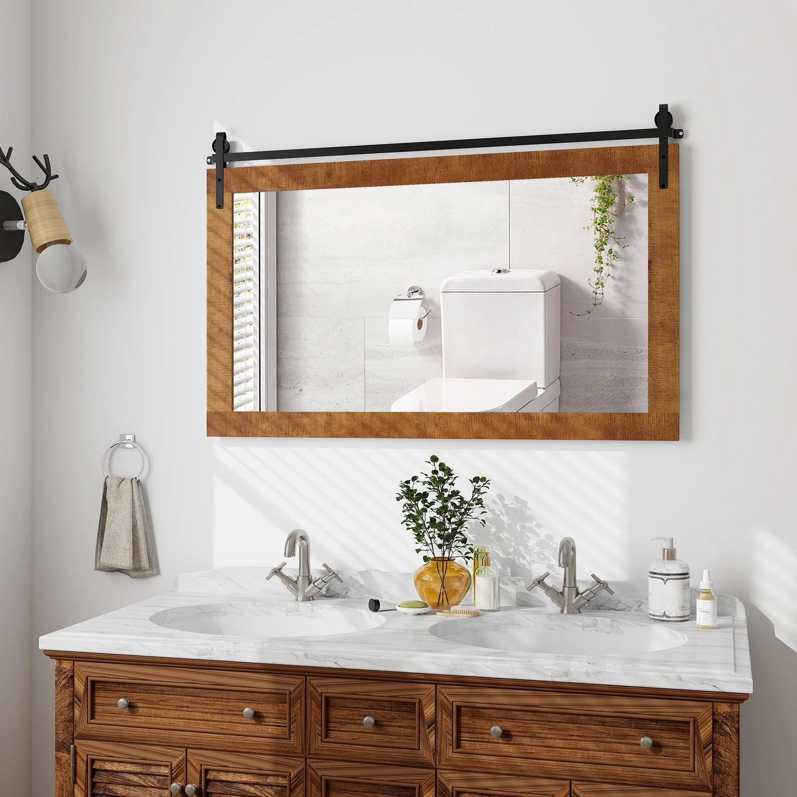 40 Inch x 26 Inch Rectangle Barn Door Mirror, Solid Wood Frame, Brown - Image 4