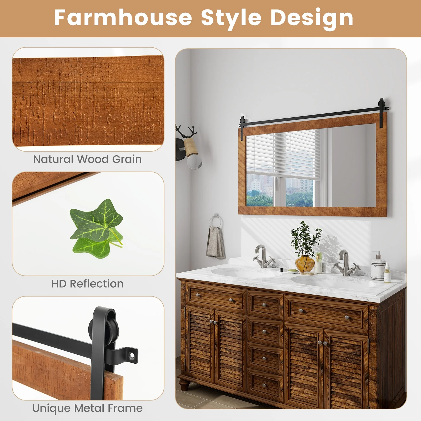 40 Inch x 26 Inch Rectangle Barn Door Mirror, Solid Wood Frame, Brown - Image 7