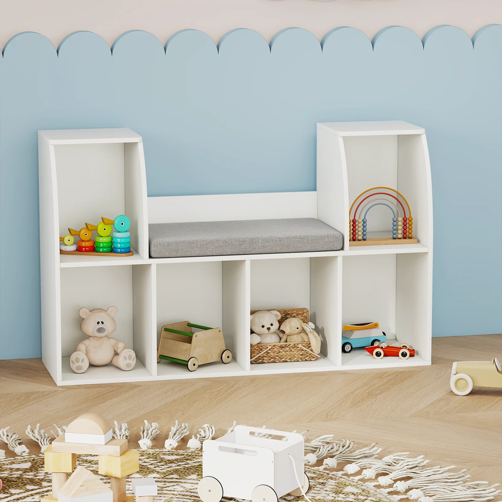 40 Inches Kids Bookshelf with Reading Nook Bookcase with 6 Open Cubes, White - Image 2