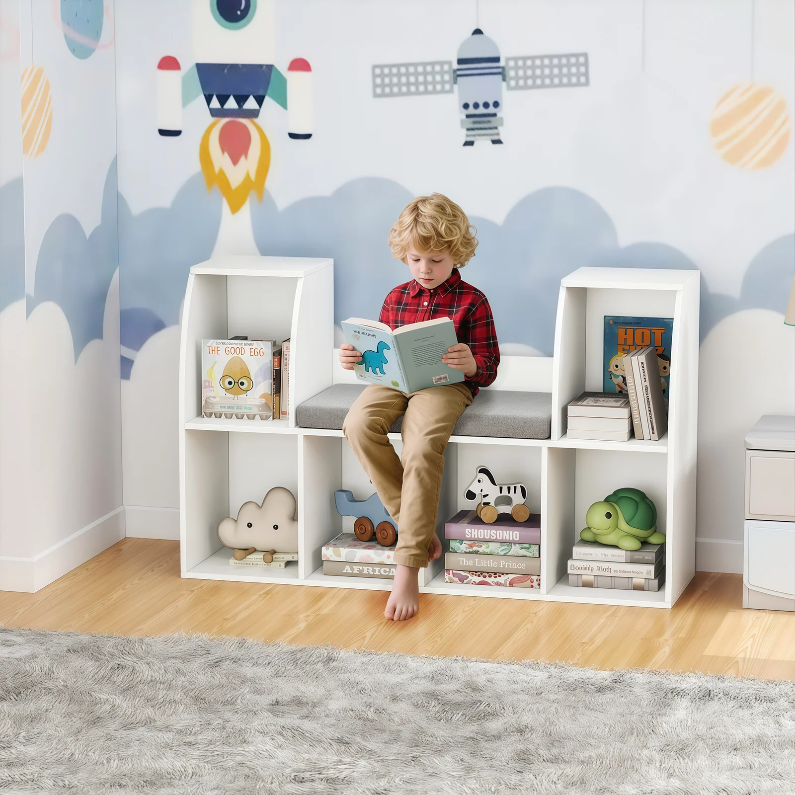 40 Inches Kids Bookshelf with Reading Nook Bookcase with 6 Open Cubes, White - Image 3
