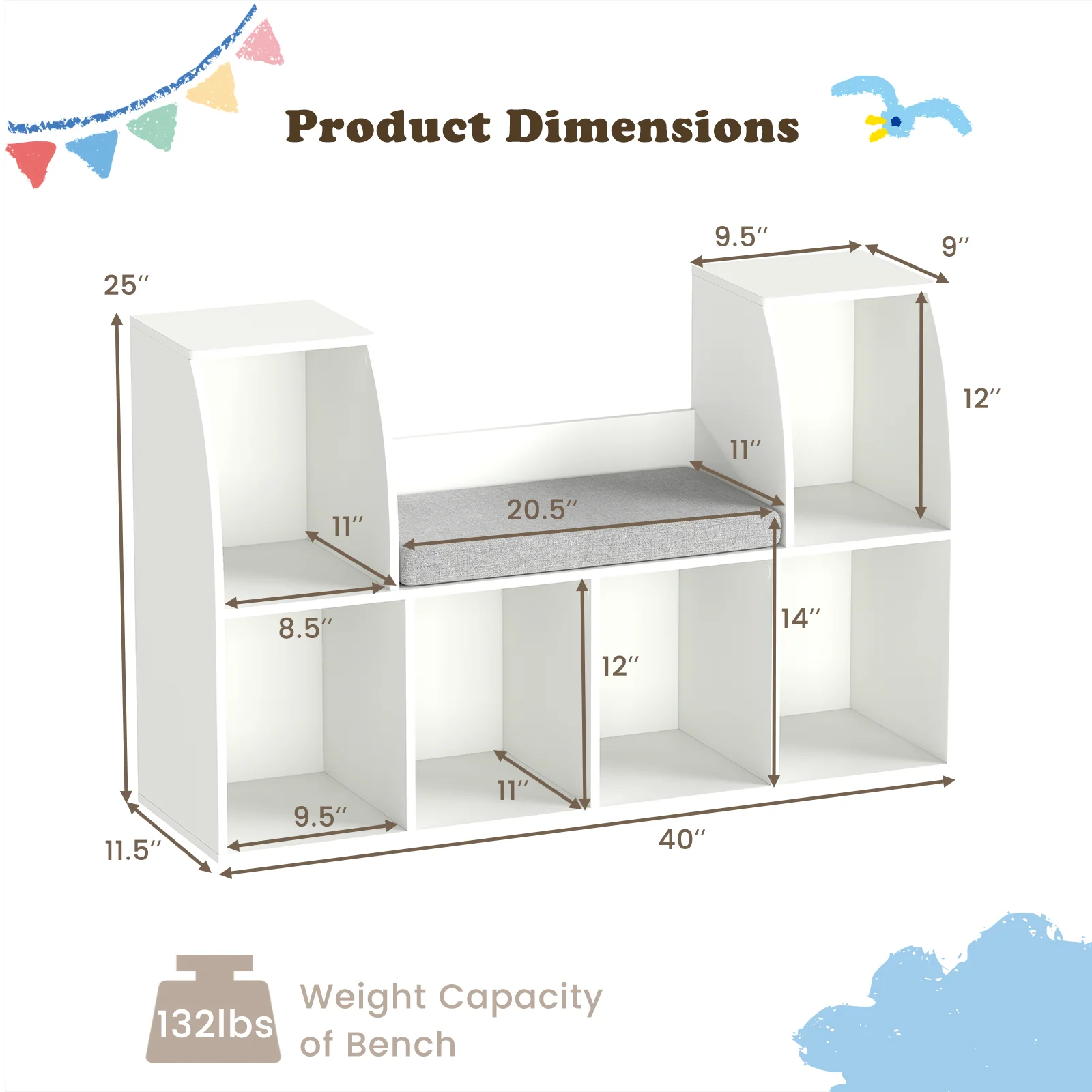 40 Inches Kids Bookshelf with Reading Nook Bookcase with 6 Open Cubes, White - Image 6