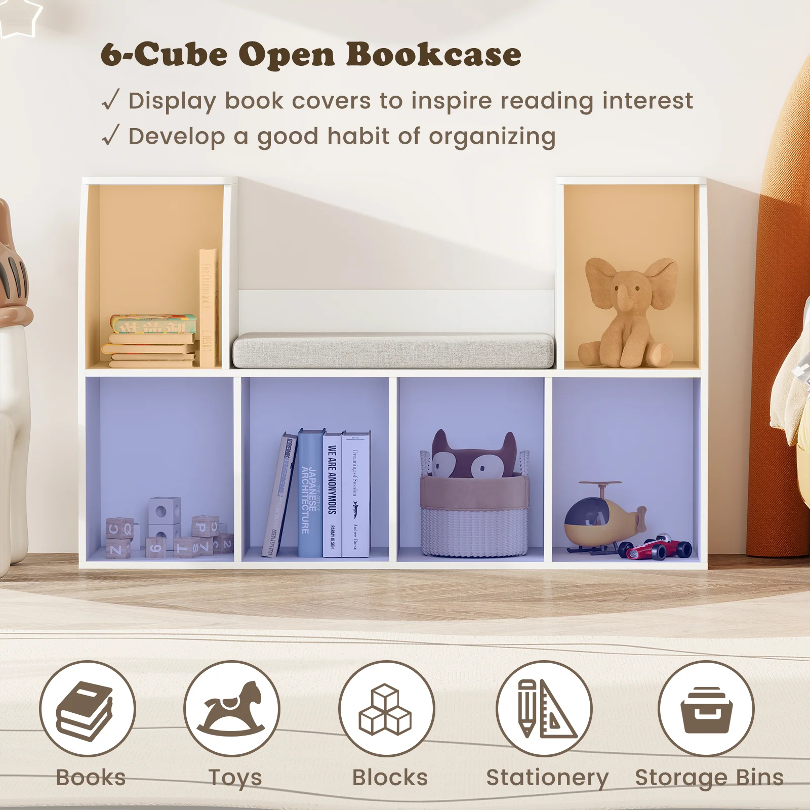 40 Inches Kids Bookshelf with Reading Nook Bookcase with 6 Open Cubes, White - Image 7